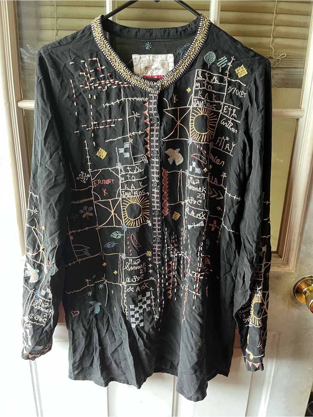 Johnny Was Black Embroidered Long Sleeve Tunic with Multicolor Stitching